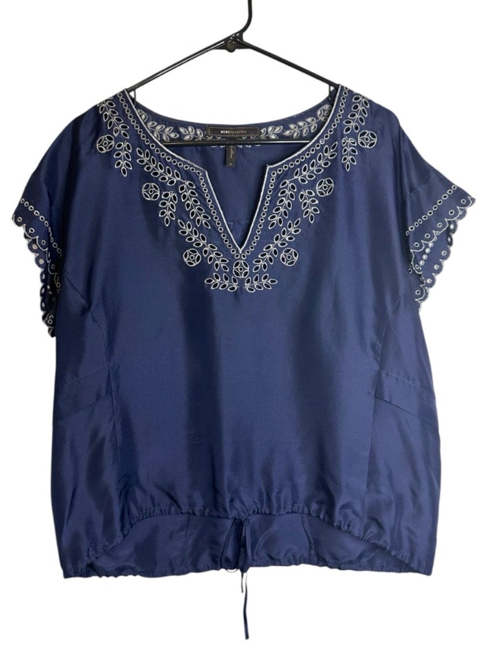 BCBGMaxAzria Navy Silk Embroidered Short Sleeve Peasant Blouse Style Jill Medium